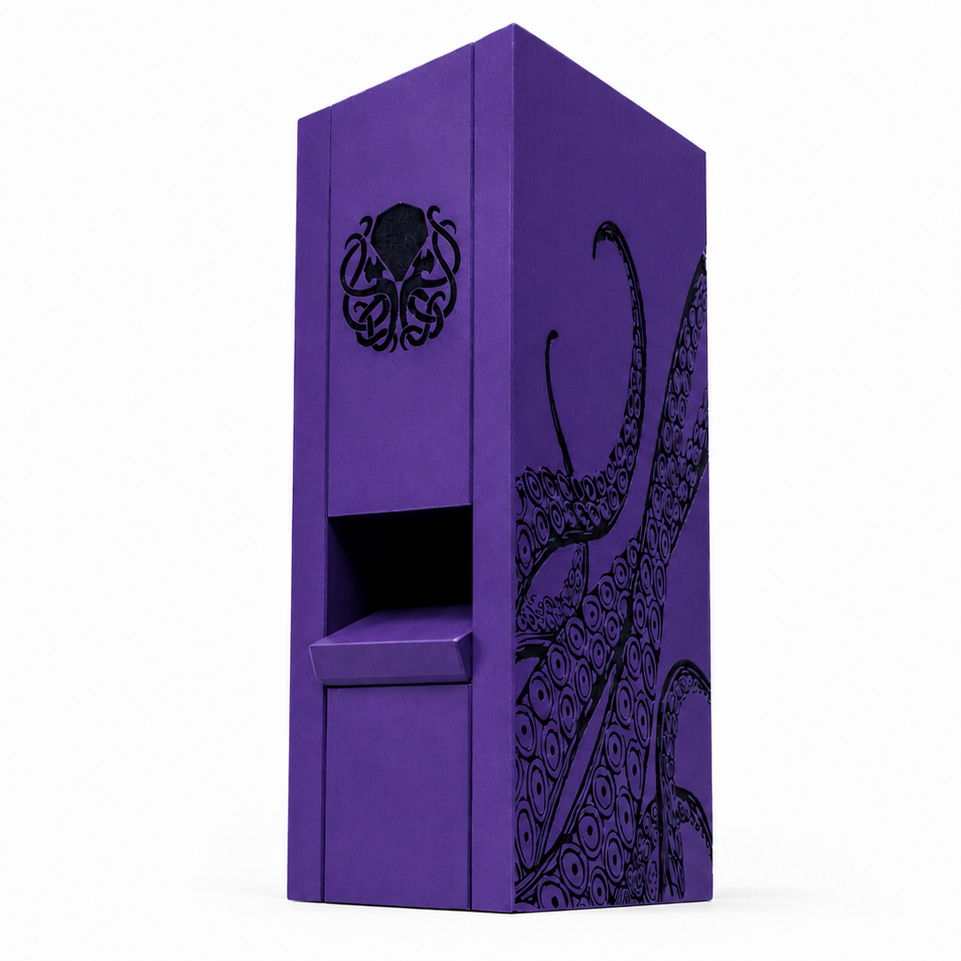 Purple dice tower with black intricate design on a white background