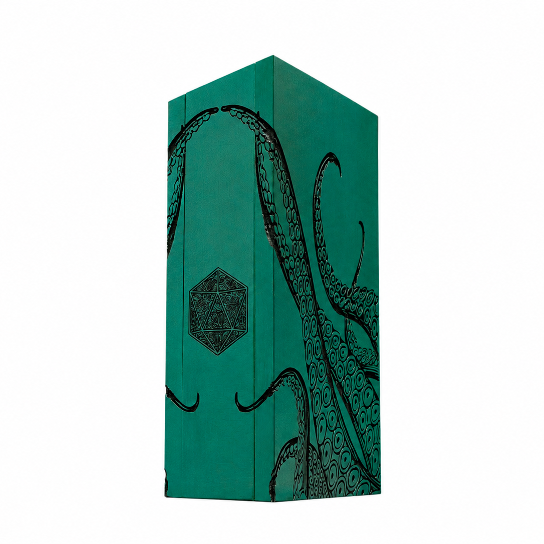 Turquoise decorative dice tower with black octopus design on a white background