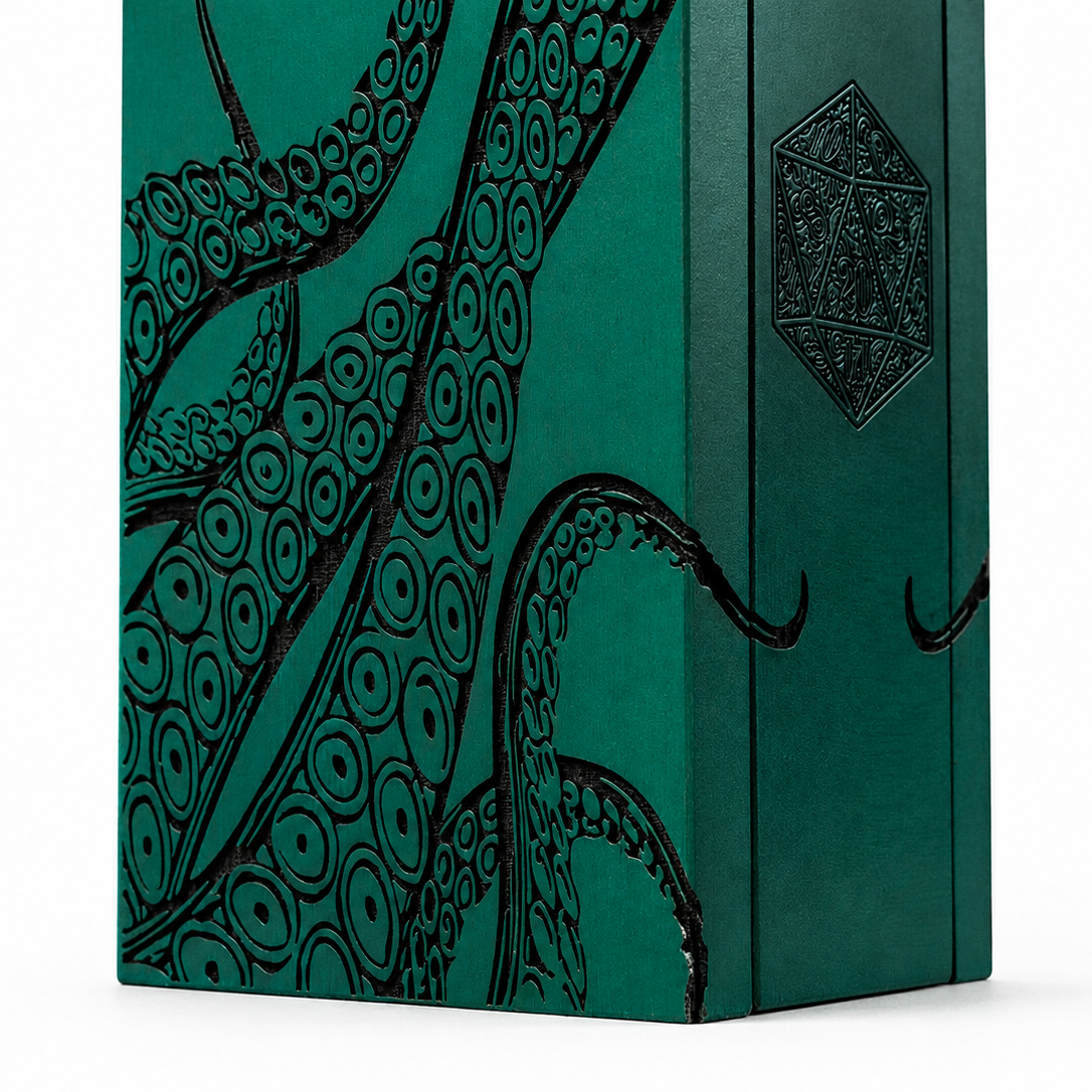 Teal dice tower with black octopus design on a white background