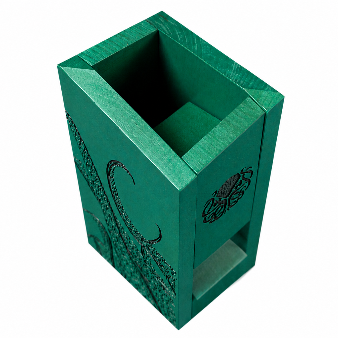 Green wooden dice tower with cthulhu design on a white background