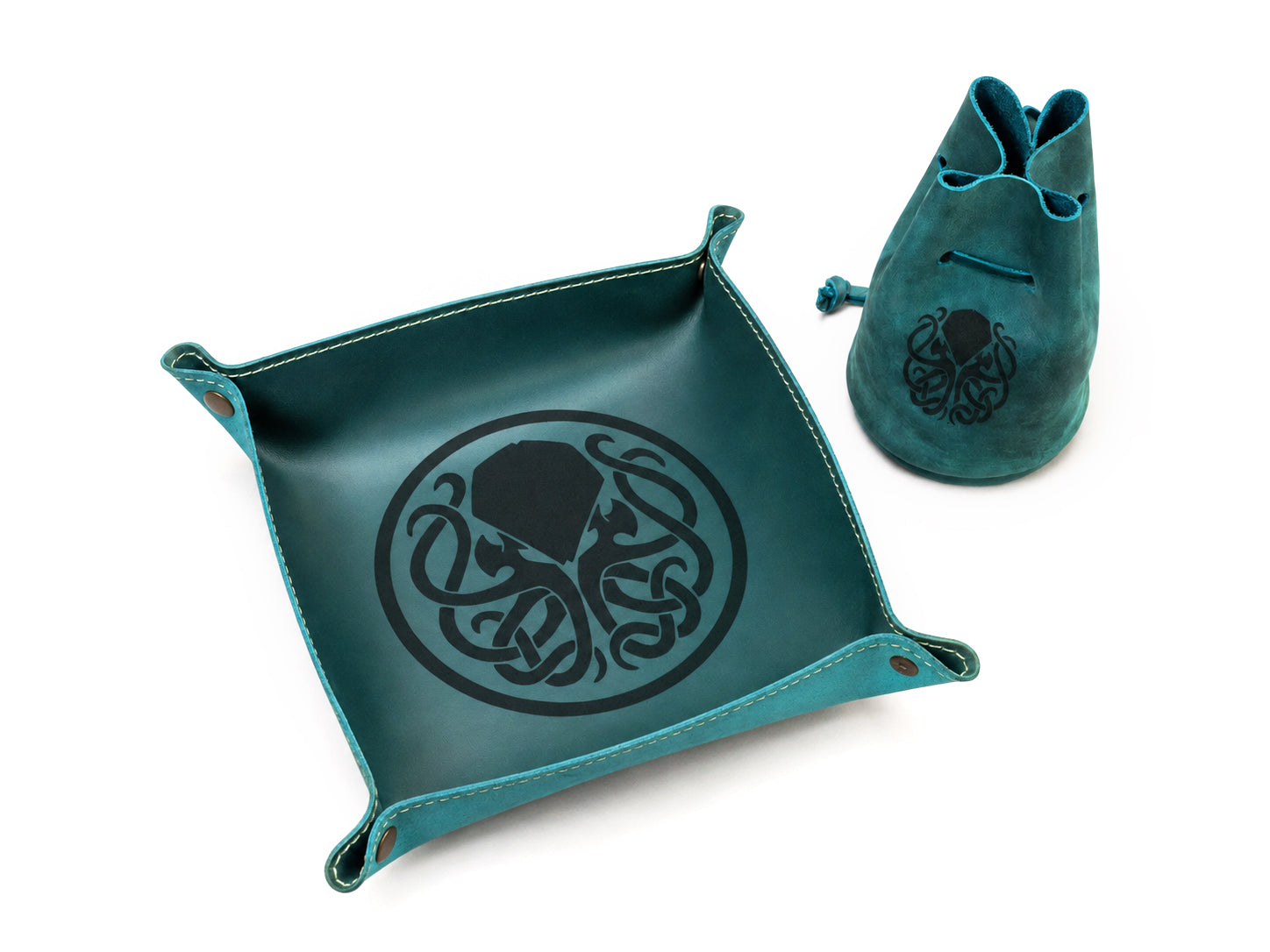 Cthulhu Leather Dice Tray & Bag Set Turquoise