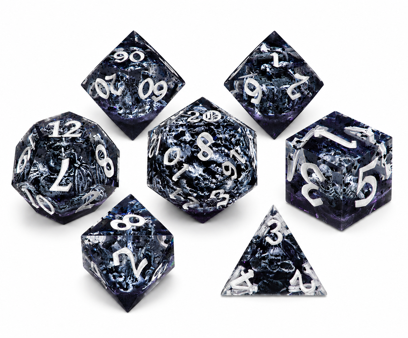 Set of dice with black and white marbled pattern on a white background