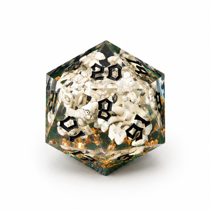 D20 polyhedral dice with bones and floral design on a white background