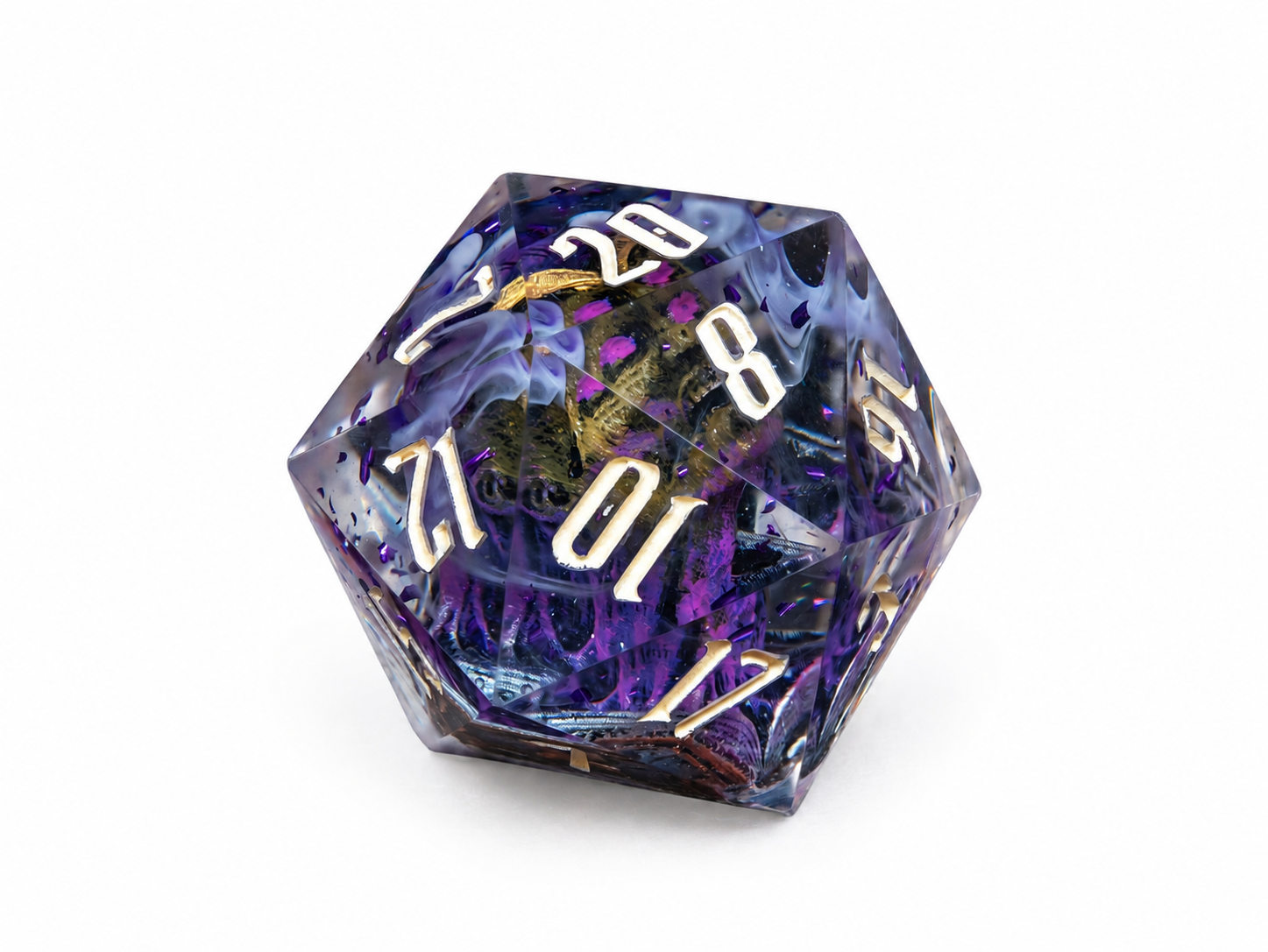 Purple polyhedral dice with gold numbers on a white background