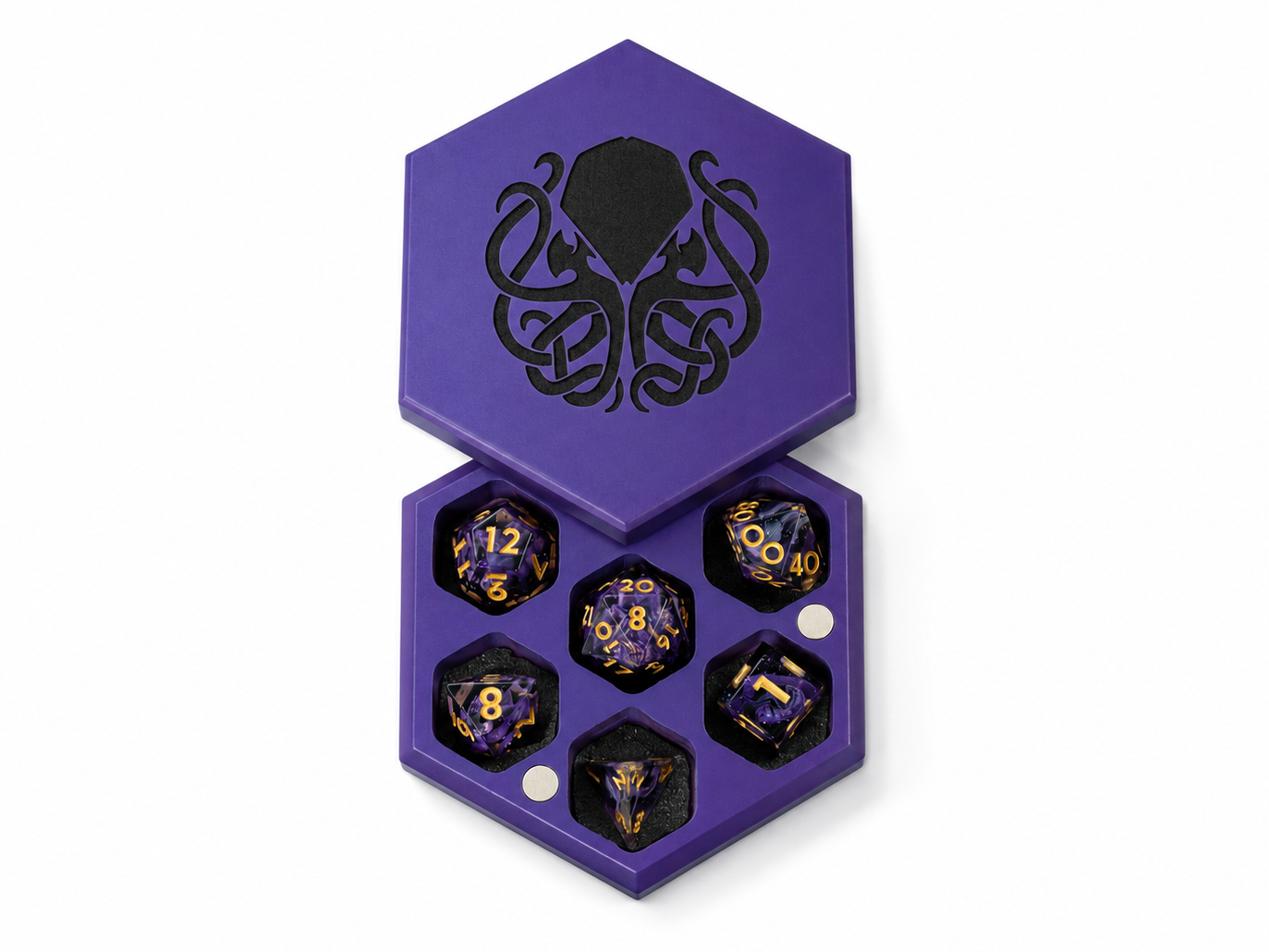 Set of dice with purple and black design in a hexagonal purple box on a white background