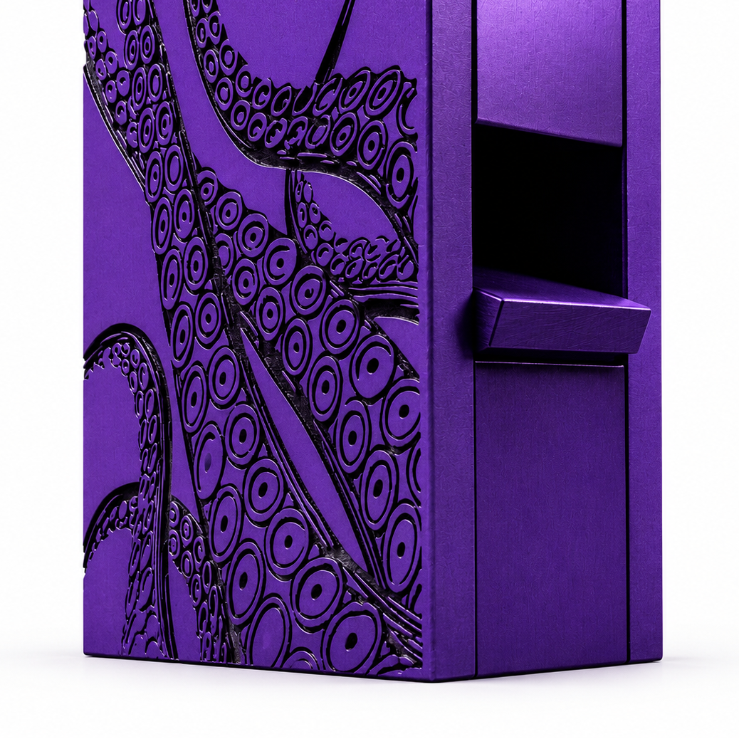 Purple decorative dice tower with intricate black patterns on a white background