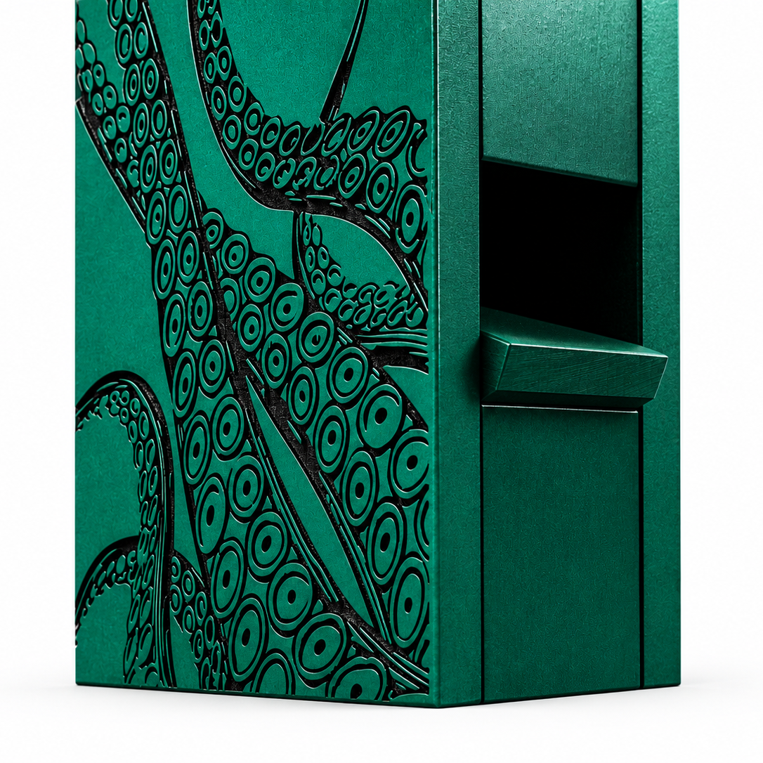 Green dice tower with black octopus design on a white background