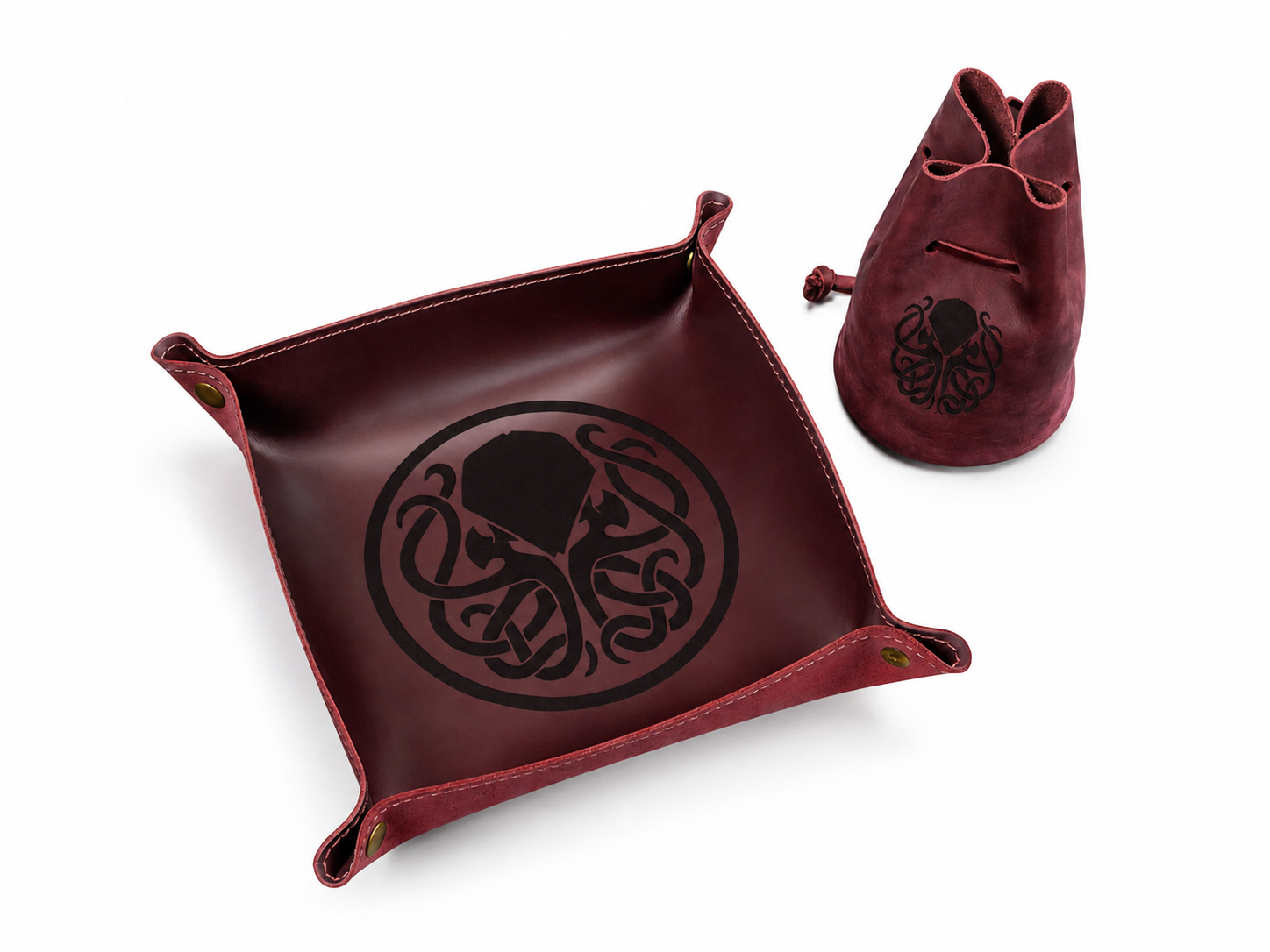 Cthulhu Leather Dice Tray & Bag Set Burgundy