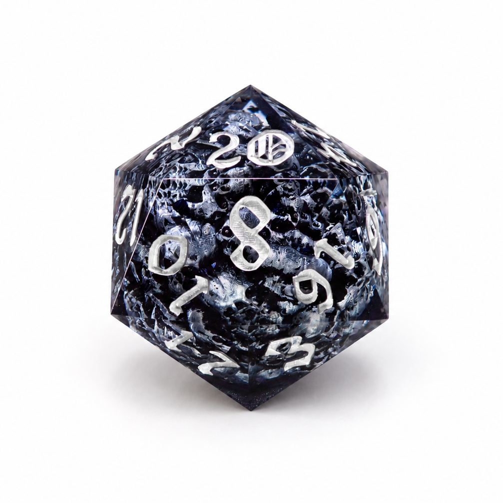 D20 polyhedral dice with black and white marbled pattern on a white background