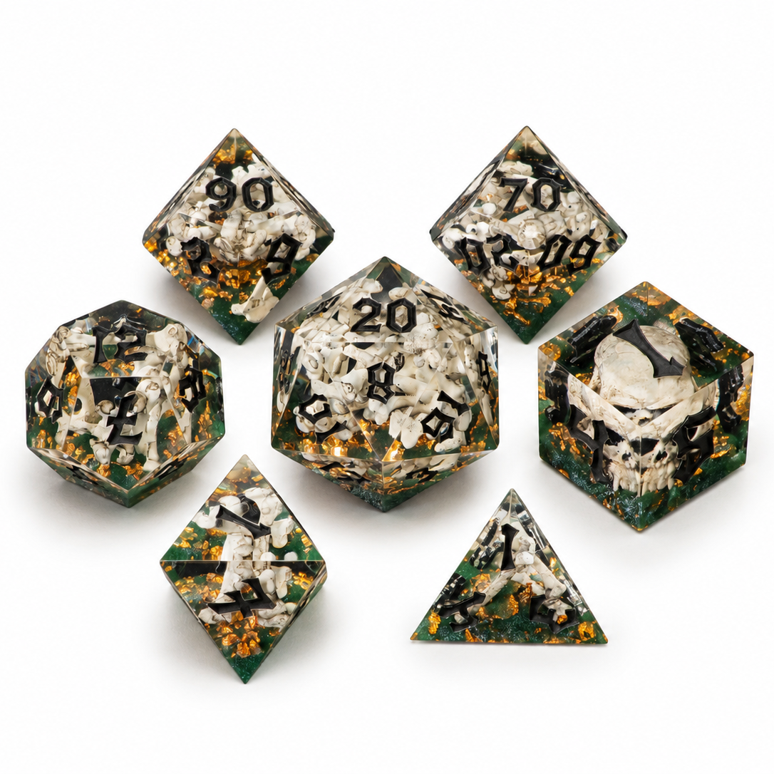 Set of dice with skull and green patterns on a white background