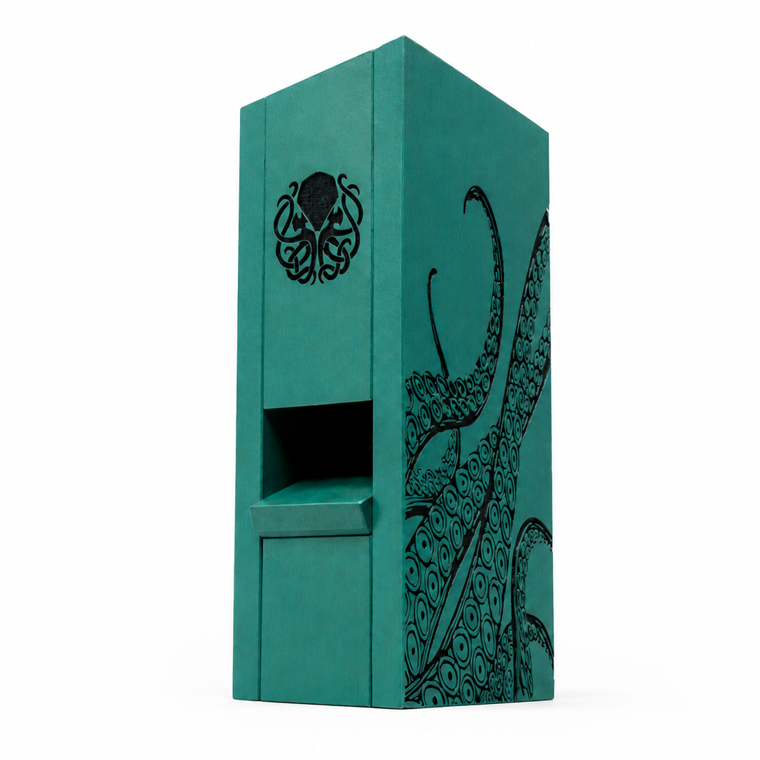 Teal dice tower with black octopus design on a white background