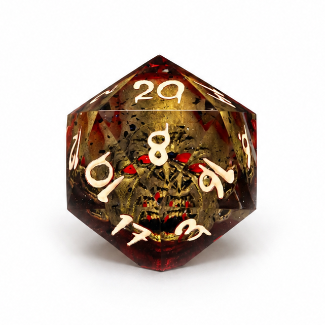 D20 polyhedral dice with a vampire pattern on a white background