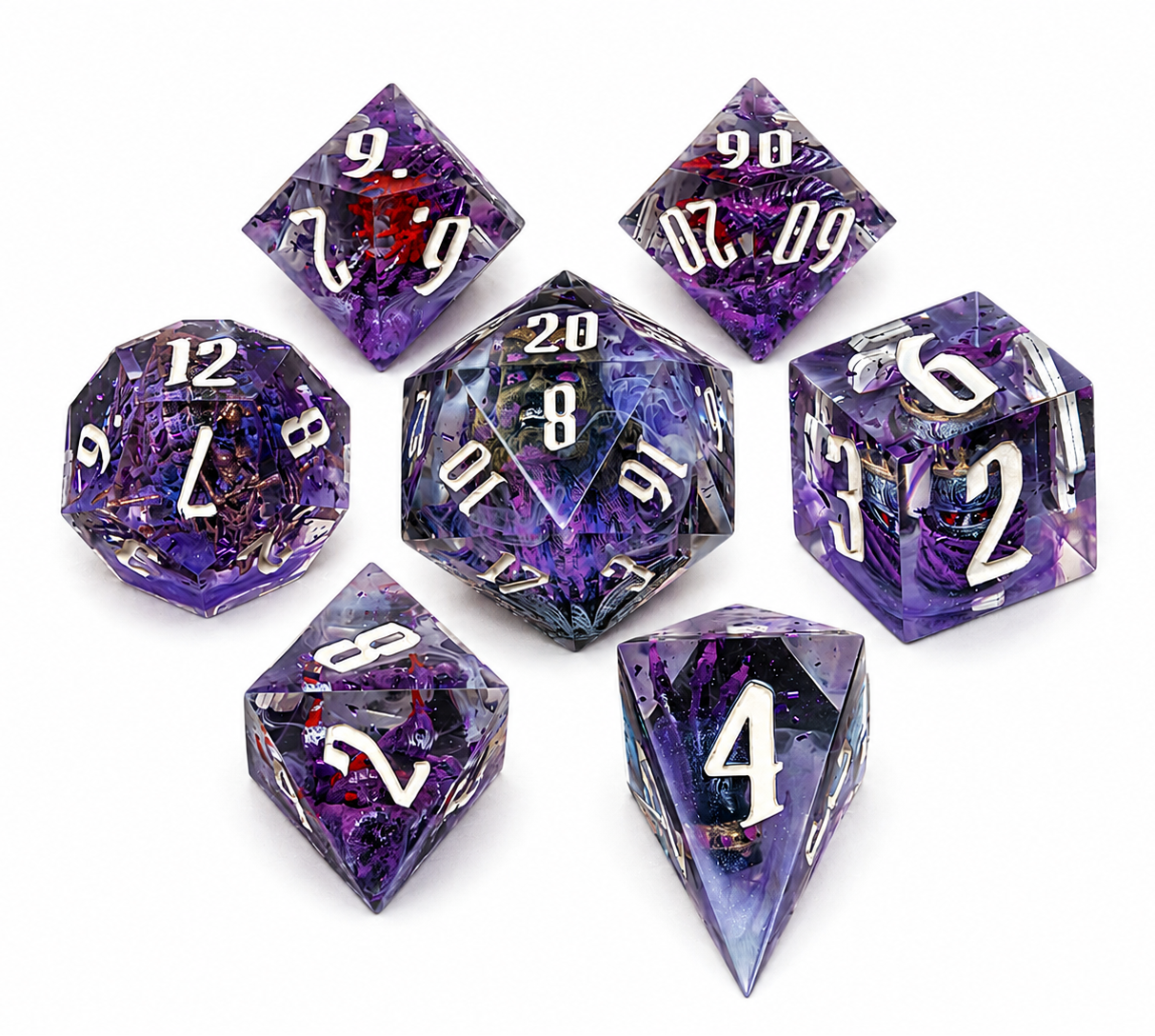 Set of purple polyhedral dice with white numbers on a white background