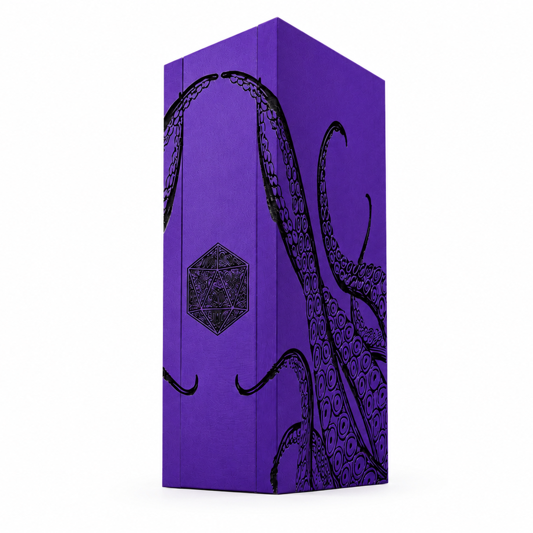 Purple dice tower with black octopus design on a white background