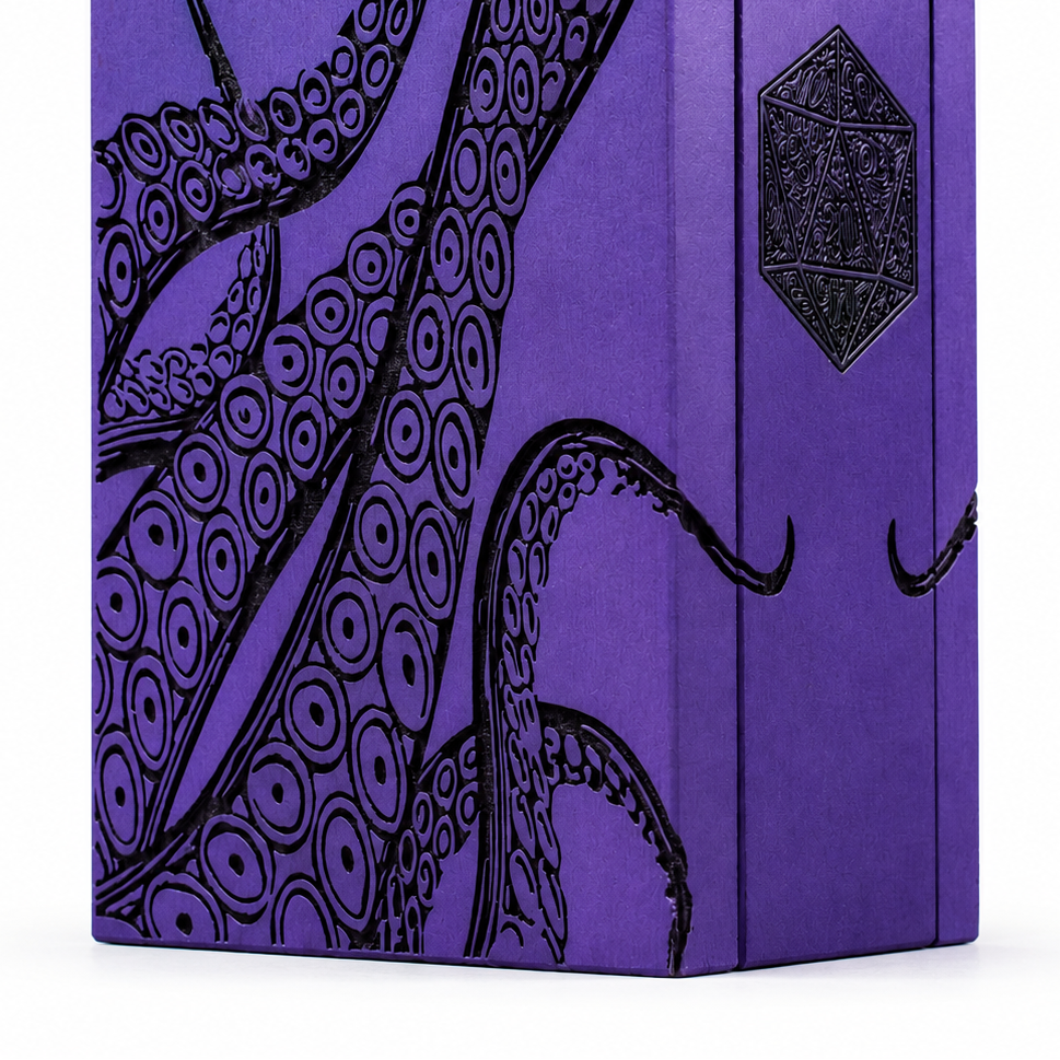 Purple dice tower with black octopus design on a white background