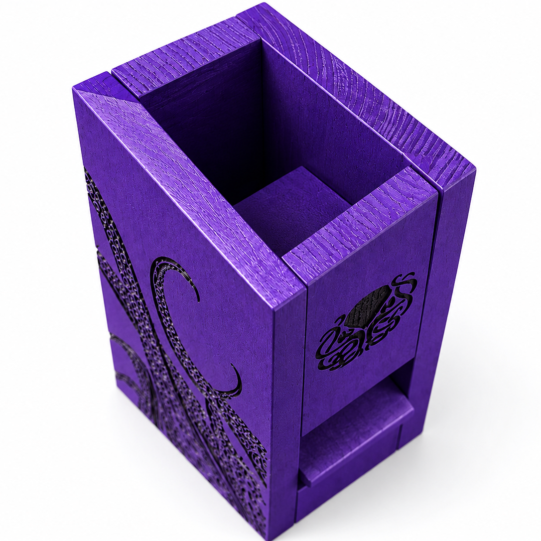 Purple dice tower with decorative design on a white background
